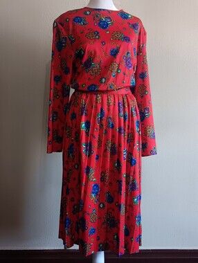 Blair Vintage Red Glam & Rose Print Floral Long Sleeve Midi Dress Womens Size 12